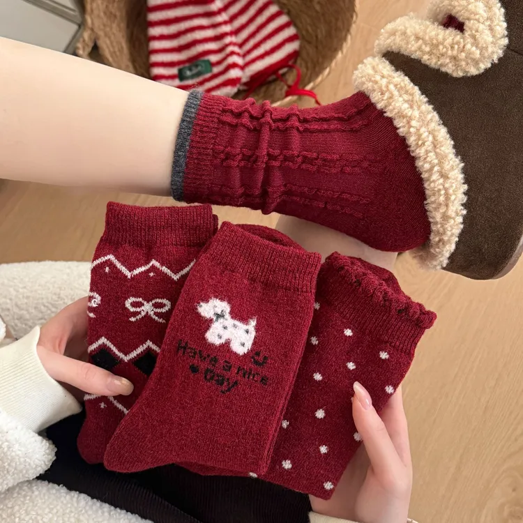 红色袜子女秋冬韩系可爱本命年显瘦保暖新年袜子甜美蝴蝶结堆堆袜