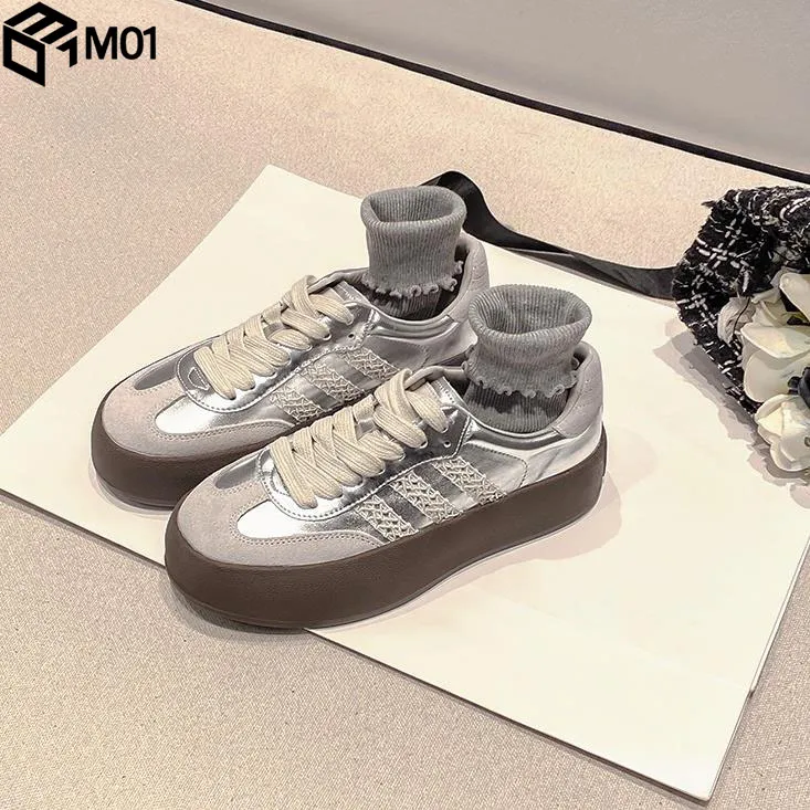 M01复古银色德训鞋女2025新款配裙子蕾丝边厚底增高华夫阿甘板鞋