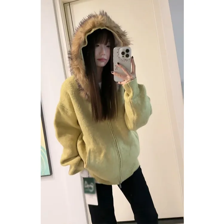 暖黄色可拆卸毛领毛衣男女秋冬慵懒风加厚保暖针织衫连帽开衫外套