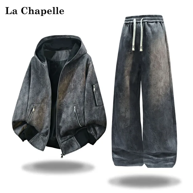 La Chapelle/拉夏贝尔秋季扎染大码宽松时尚连帽夹克休闲长裤套装