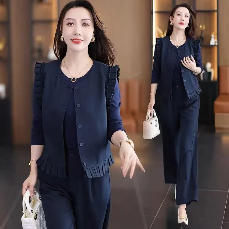 时尚套装女2025春秋季新款洋气减龄显瘦马甲阔腿裤三件套