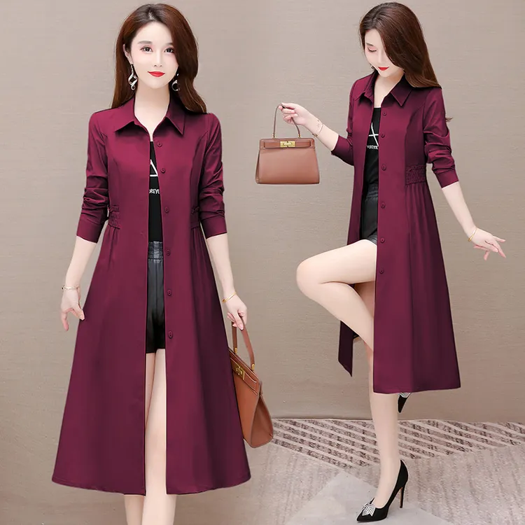 时尚纯色POLO领单排扣风衣外套女2025秋季新款休闲优雅中长款上衣