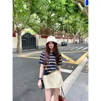 Apear♥橘星初柠~夏季薄款时尚百搭撞色条纹Polo针织衫短袖上衣