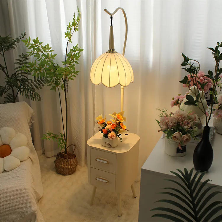 法式田园卧室床头柜落地灯一体客厅沙发置物架奶油风网红立式台灯