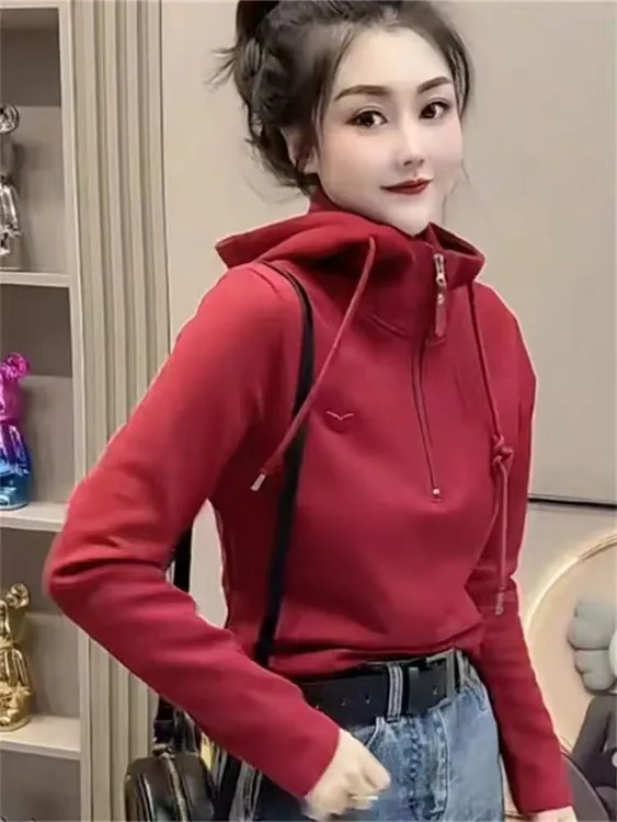 大码女装-90013欧货拉链连帽加绒宽松显瘦时尚打底上衣女装