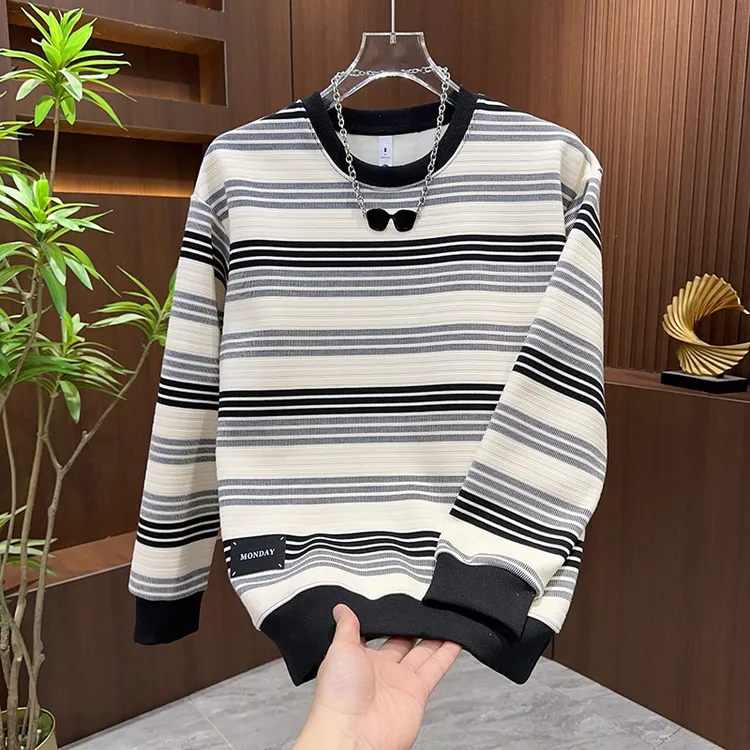 2025秋冬新款男士韩版休闲条纹圆领卫衣宽松百搭加绒保暖打底上衣