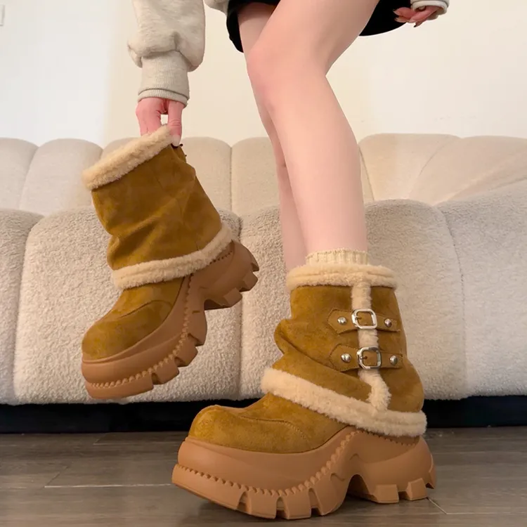 马丁靴真皮大头羊羔毛毛鞋厚底松糕加绒机车辣妹裤管靴堆堆靴女鞋