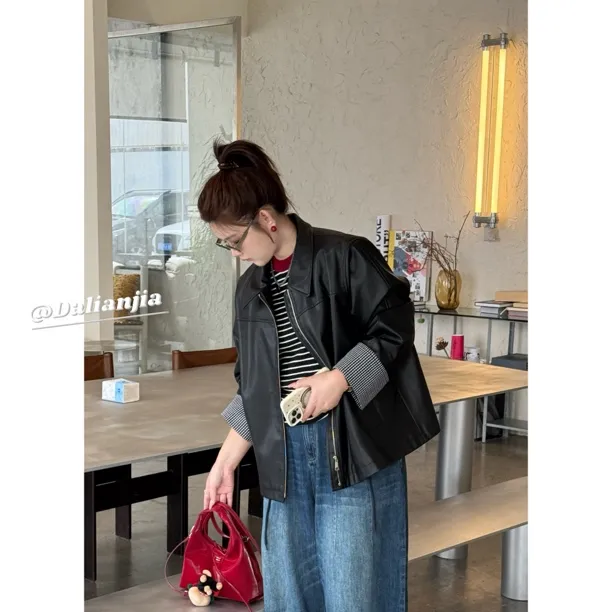 晶咕佳佳【奥林德皮衣】时髦袖口翻边设计感皮衣外套秋季时尚复古