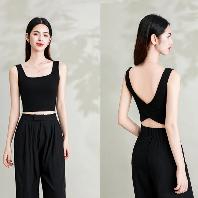 春夏新款带胸垫吊带背心女时尚百搭可外穿方领交叉棉打底纯色上衣