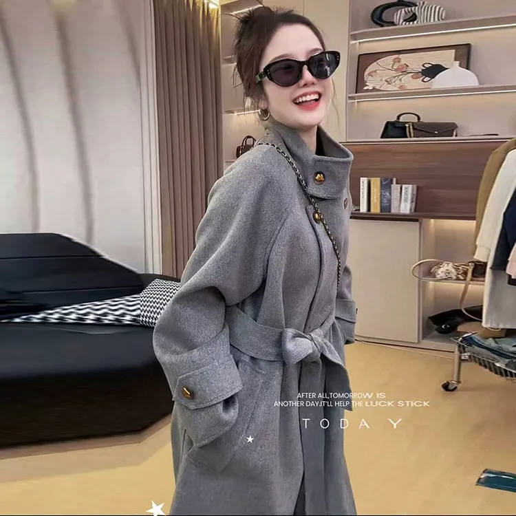 2025秋冬新款韩版立领双面毛呢大衣女中长款系带双面毛呢外套899