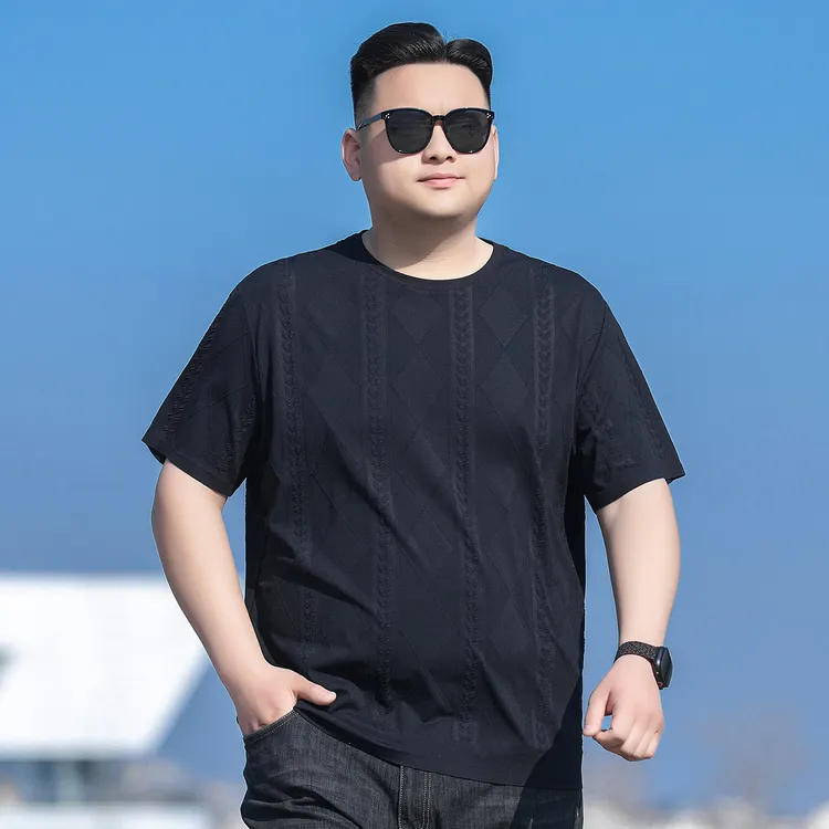 加肥加大码男装冰丝圆领短袖T恤男凹凸提花宽松速干体恤胖子夏季