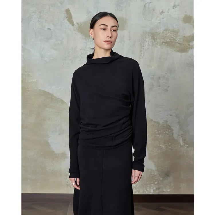 宽泛不规则茧型抓绒上衣高领设计感不对称堆量褶皱打底衫秋冬