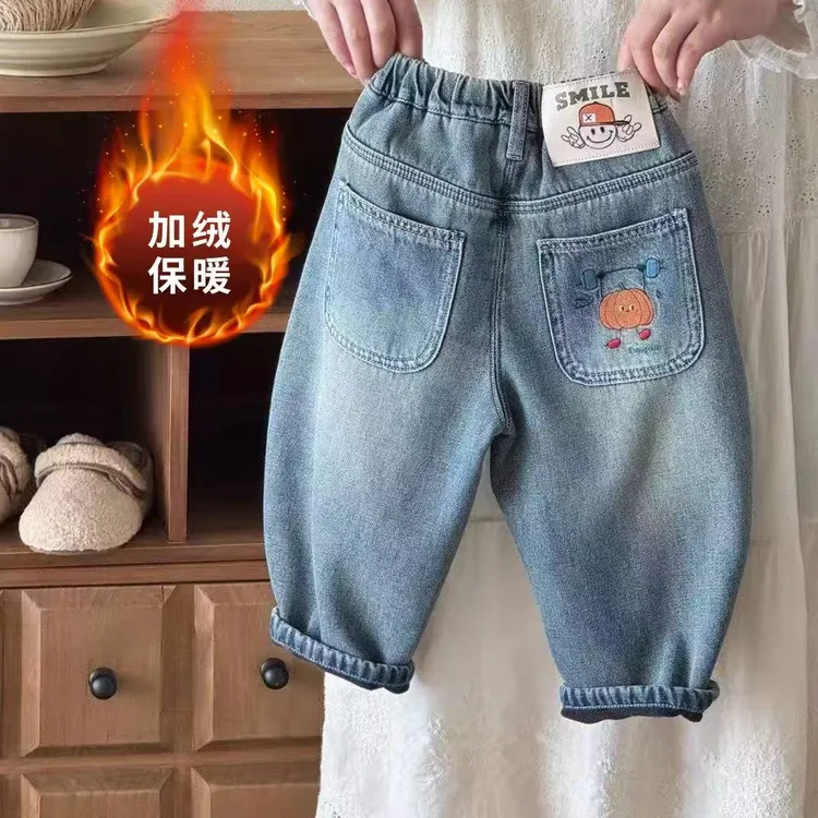 男童加绒一体绒牛仔裤卡通刺绣休闲直筒裤宽度百搭冬季2025新款