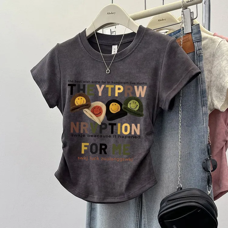 日系可爱卡通帽子短袖女小众设计感扎染灰圆领t恤甜辣妹收腰短款