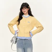 umoumo乌蘑(原ntot)百搭休闲撞色美式复古开衫格子拼接假两件毛衣