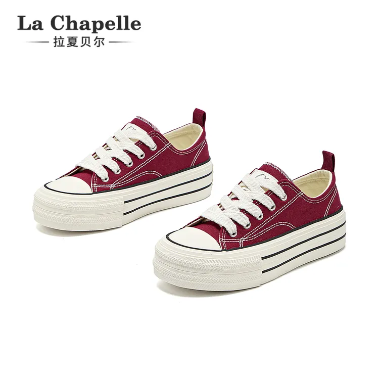 拉夏贝尔秋季新款圆头系带小白鞋小个子增高帆布鞋时尚厚底板鞋女