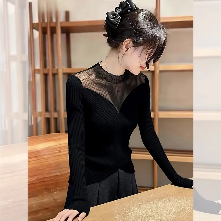 洋气高贵时髦气质女装韩系秋冬休闲黑色花边网纱内搭针织小衫上衣