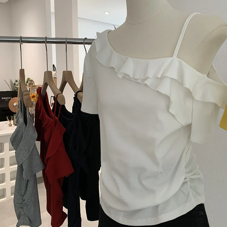欧玛莱荷叶边露肩斜领纯色短袖褶皱修身显瘦T恤白色夏季韩版上衣