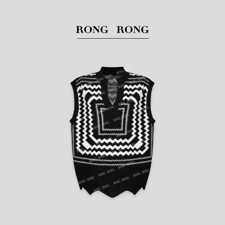 溶溶【几何幻墨】RONGRONG  V领撞色艺术提花舒适百搭马夹毛衣 5516