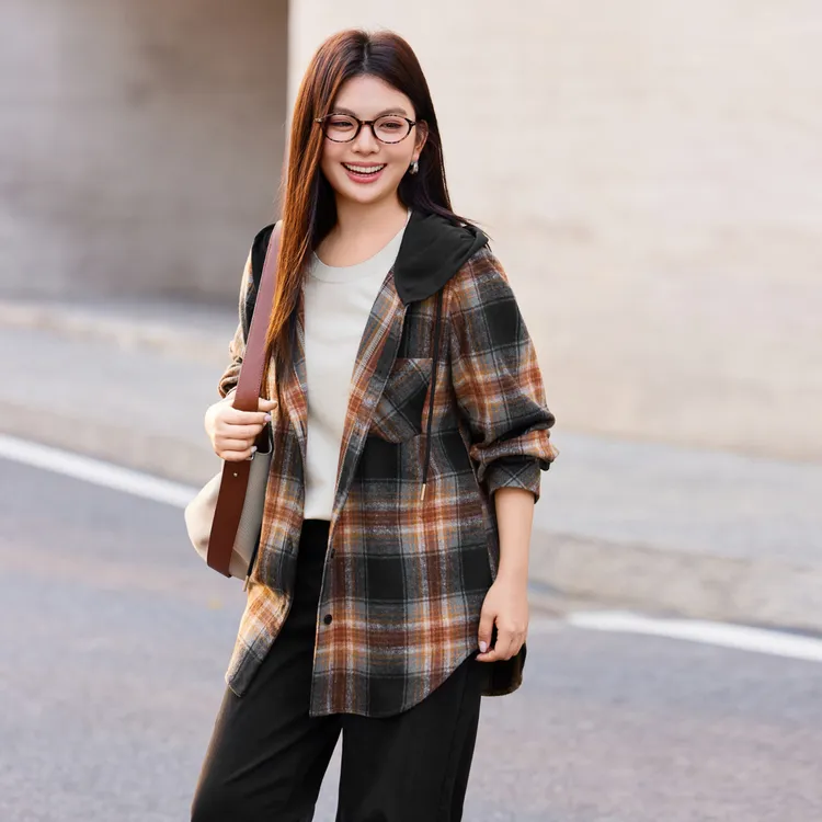 【羊毛混纺格子毛呢】MsShe大码女装2025秋撞色连帽外套女A2510004