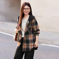 【羊毛混纺格子毛呢】MsShe大码女装2025秋撞色连帽外套女A2510004