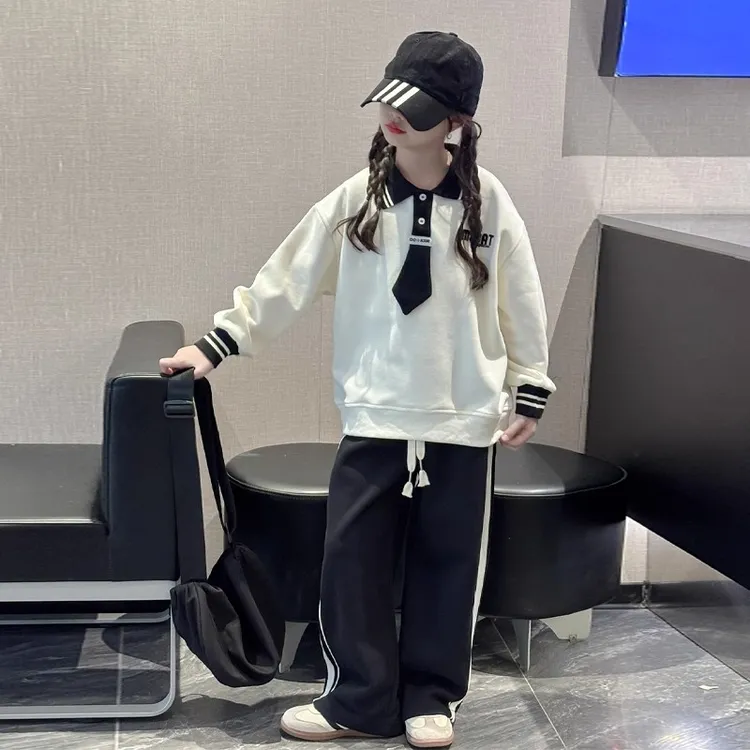 女童polo领卫衣套装春秋2025新款大童学院风秋装6-12岁儿童两件套