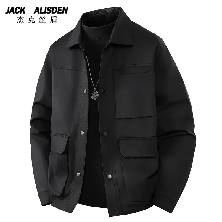 2026春秋季男士外套翻领夹克美版痞帅潮男茄克衫棉质黑色牛仔春装