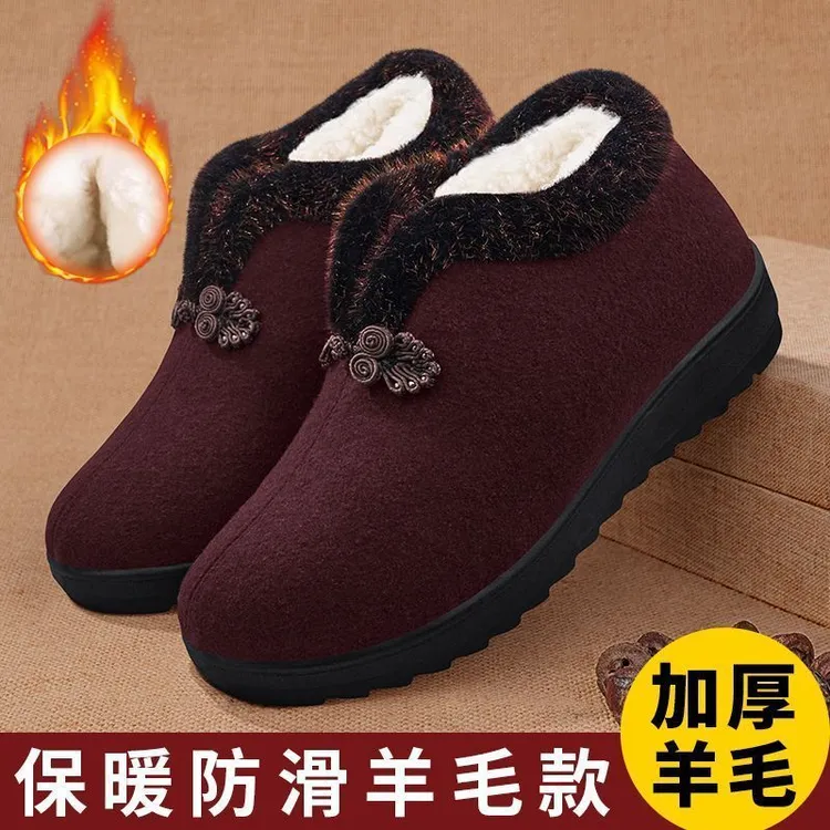 老北京布鞋女冬季加绒保暖加厚羊毛老人鞋妈妈老太太防滑奶奶棉鞋
