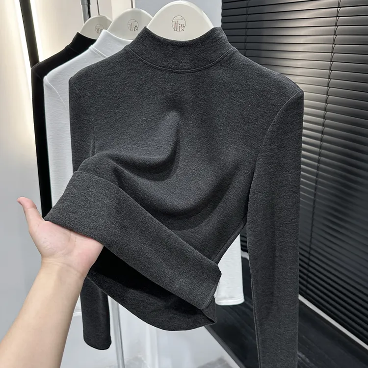 灰色套头双面磨毛长袖T恤秋冬季新款通勤半高领打底衫女保暖上衣