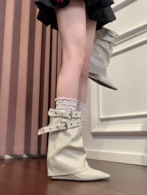 牛皮版~时尚高级感韩版气质时尚尖头短筒库管靴坡跟百搭女时装靴