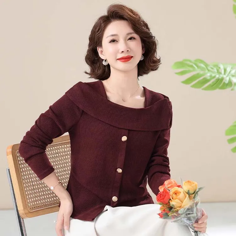 中年妈妈春装一字肩长袖T恤中老年女春秋时尚百搭针织毛衣打底衫