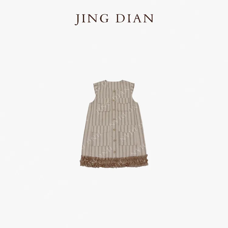 【JD】小众设计款浅咖竖条纹单排扣花边连衣裙