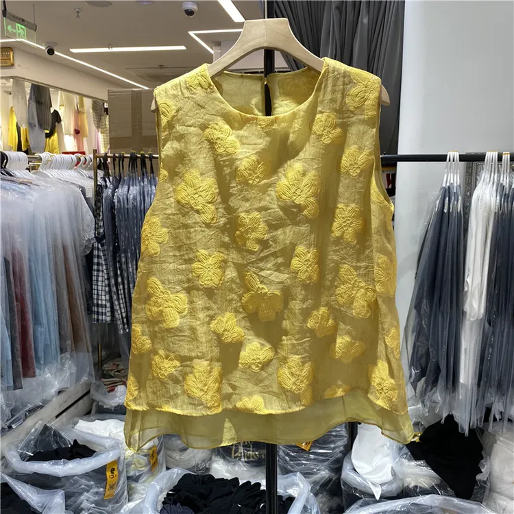 WeiMeng夏季洋气马夹背心新中式刺绣花朵无袖假两件衬衫女潮9017