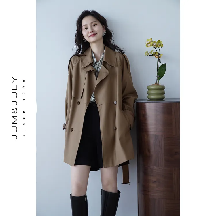 嘉茱莉秋冬新款气质翻领高级感小个子收腰风衣外套女通勤上衣