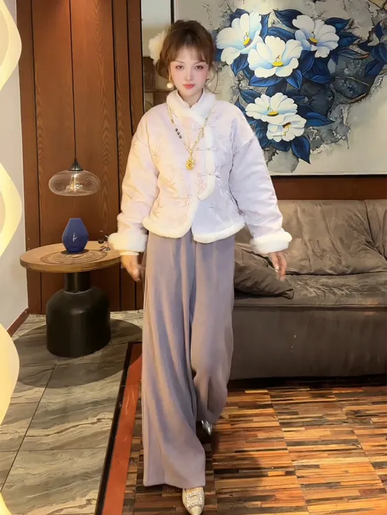 新中式国风套装女2025年冬季复古盘扣加绒加厚日常穿搭一整套