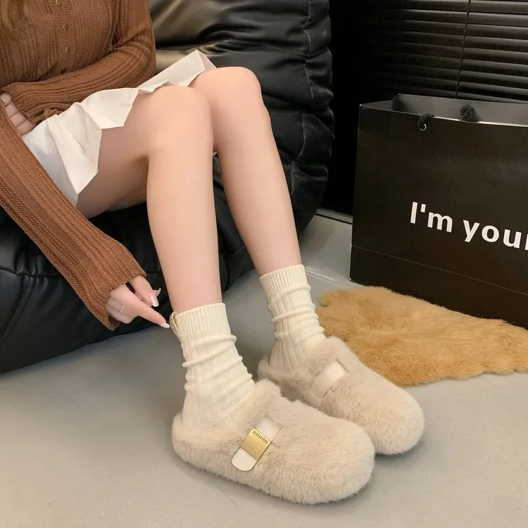 一脚蹬厚底增高毛毛拖鞋女外穿2025新款秋冬高级感毛绒包头棉拖鞋