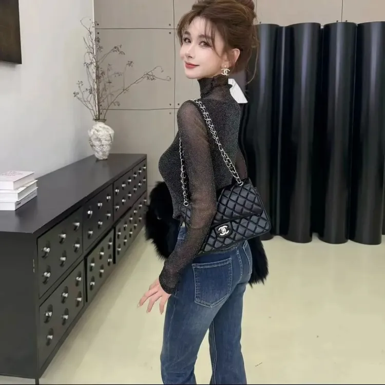 闪闪高级感法式星空堆堆领长袖上衣双领口设计洋气小衫内搭