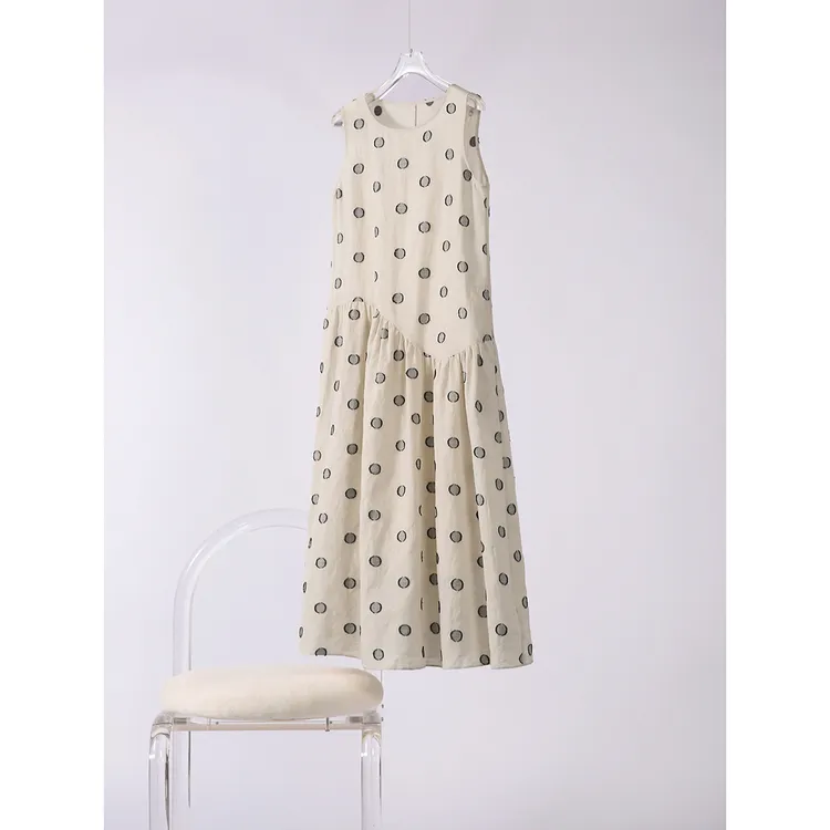 SEPT CHIC 亚麻+棉色织提花工艺波点圆领无袖连衣裙S81466QZQMG