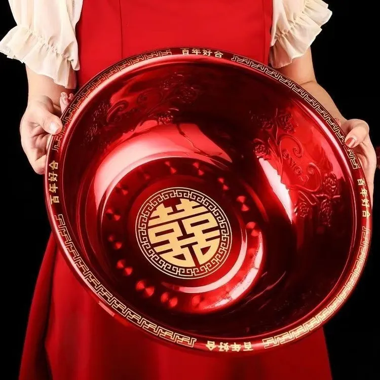 结婚陪嫁洗脸盆聚宝盆婚庆不锈钢加厚红色喜盆新娘红盆婚礼用品