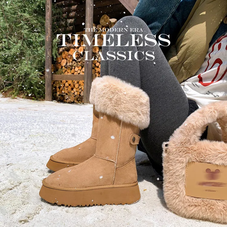 大码40-42长筒中跟保暖成人冬季时尚雪地靴棉鞋短靴加绒靴子秋冬