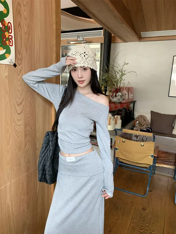 纯欲INS风辣妹风时尚套装斜肩长袖T恤女秋季翻边半身裙长裙两件套