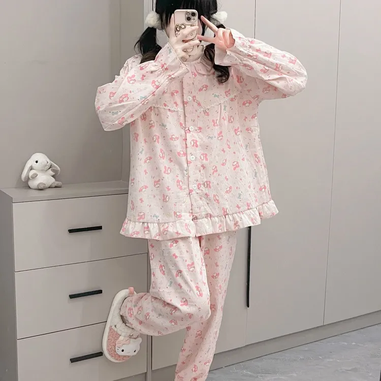 睡衣秋款女美乐蒂花边长袖ins风日系学生居家服套装外穿慵懒风