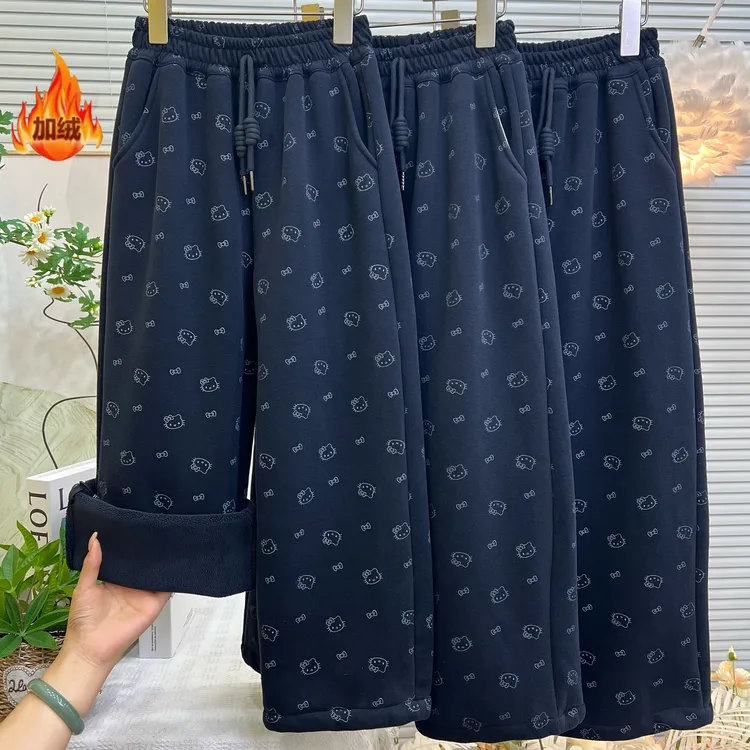 【加绒】女童满印凯蒂猫加绒阔腿裤中大童休闲直筒裤Q11159