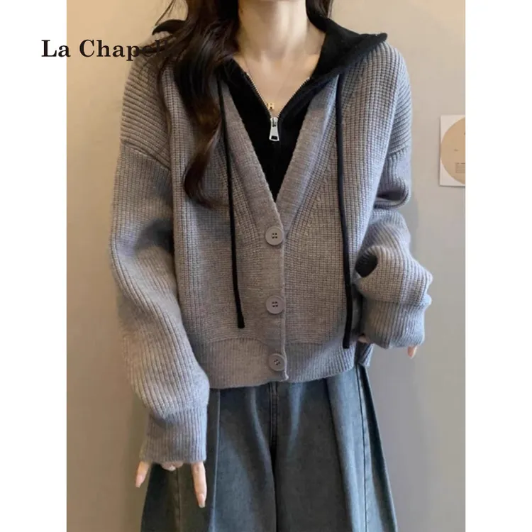 拉夏贝尔假两件时尚休闲毛衣短款加厚外套女秋冬连帽针织开衫上衣