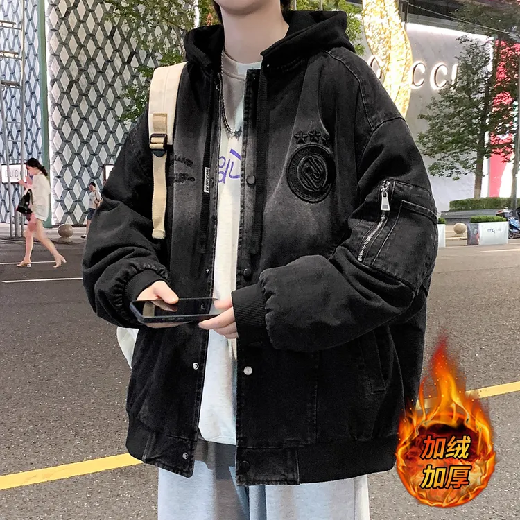 加绒加厚外套男秋冬季2025新款连帽夹克衣服青少年做旧牛仔棉服男