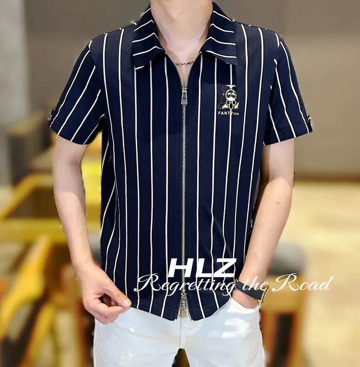 2025夏季新款男士休闲时尚竖条纹精梳棉双拉链薄款翻领短袖衬衫