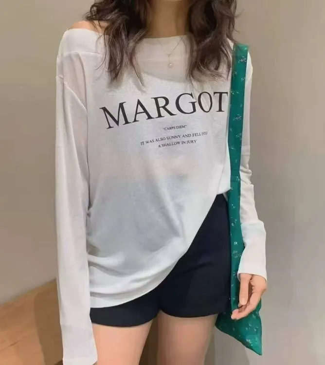 新款爆款长袖t恤一字领常规印花夏季宽松打底衫T恤纯欲慵懒风女装