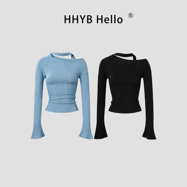 HHYB Hello2025秋飘带斜肩露肩手工褶皱秋冬抗条针织T恤女250654