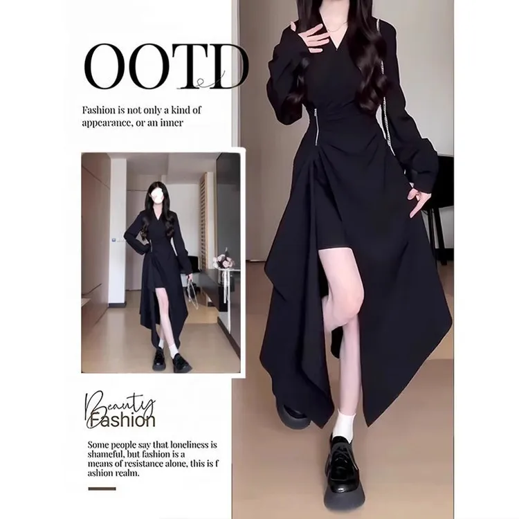 春季穿搭套装女2025新款时尚气质法式掐腰长裙简约百搭黑色连衣裙