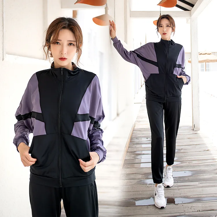 春季新款瑜伽服女套装宽松显瘦哈伦裤四件套运动健身连帽拼色开衫